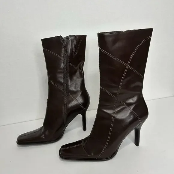 Diba Womens Brown Leather Square Toe Side Zipper Mid-Calf Heeled Boots 8 90s - Picture 4 of 10